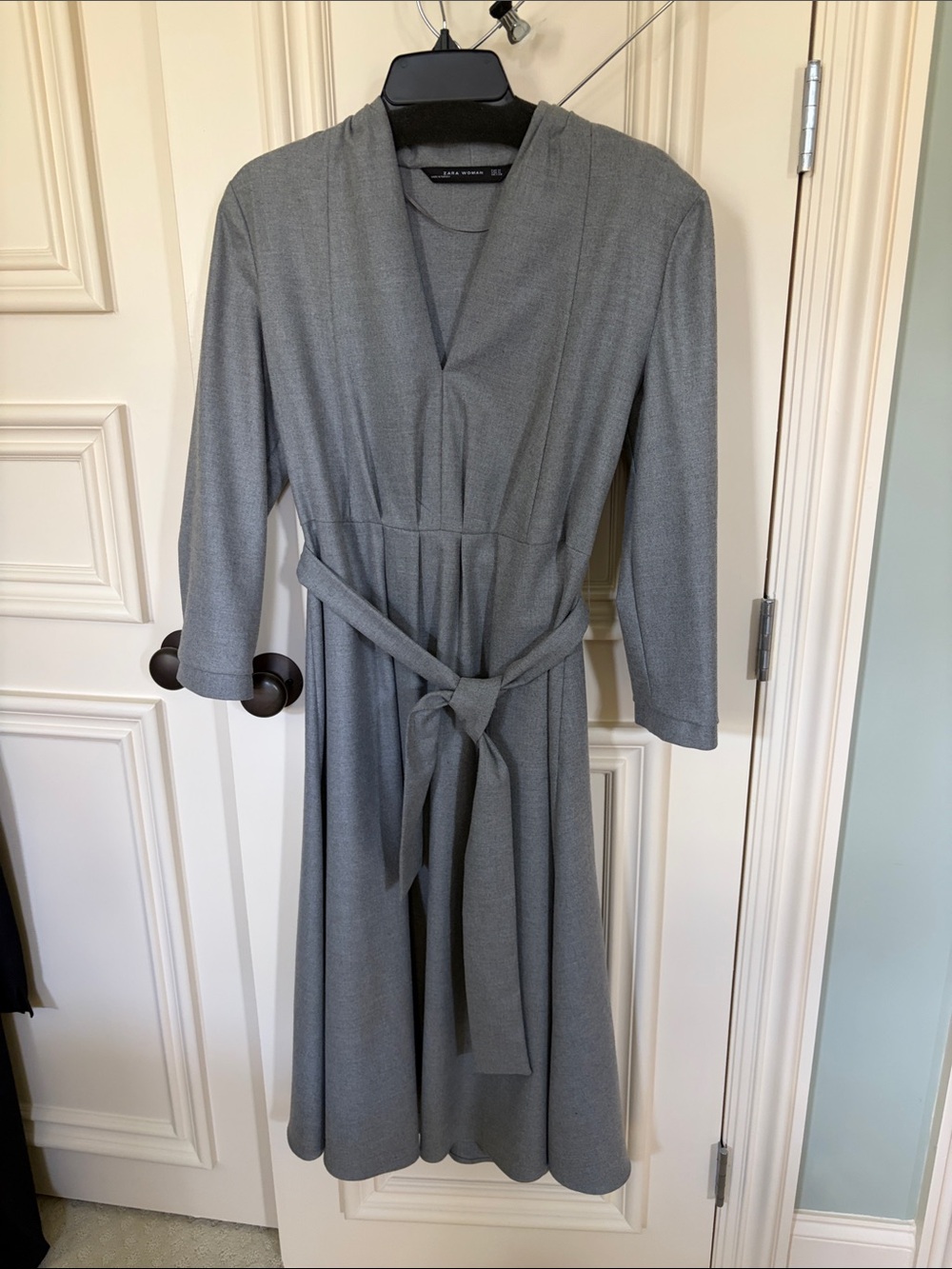 Zara woman Grey Belted V-Neck Midi Dress